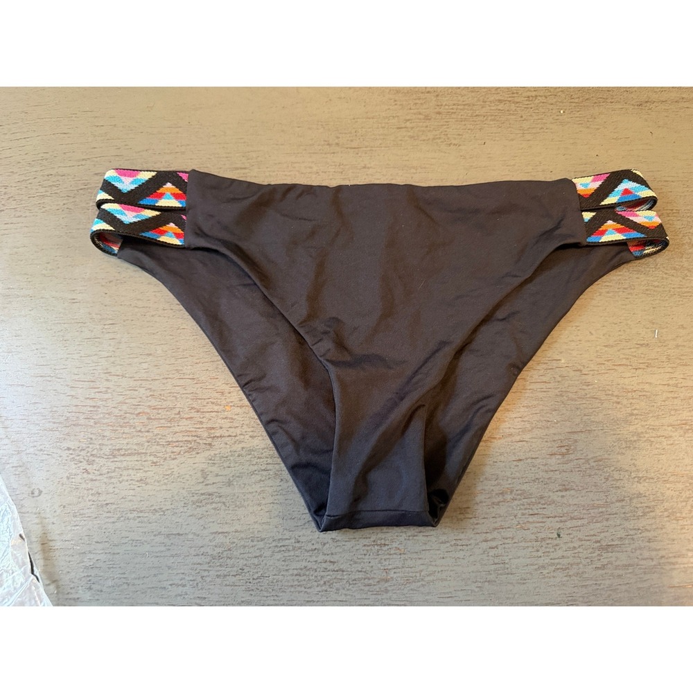 L Space Bitsy Cut Bikini Bottoms Black Multi Color Embroidered Straps Large NWOT